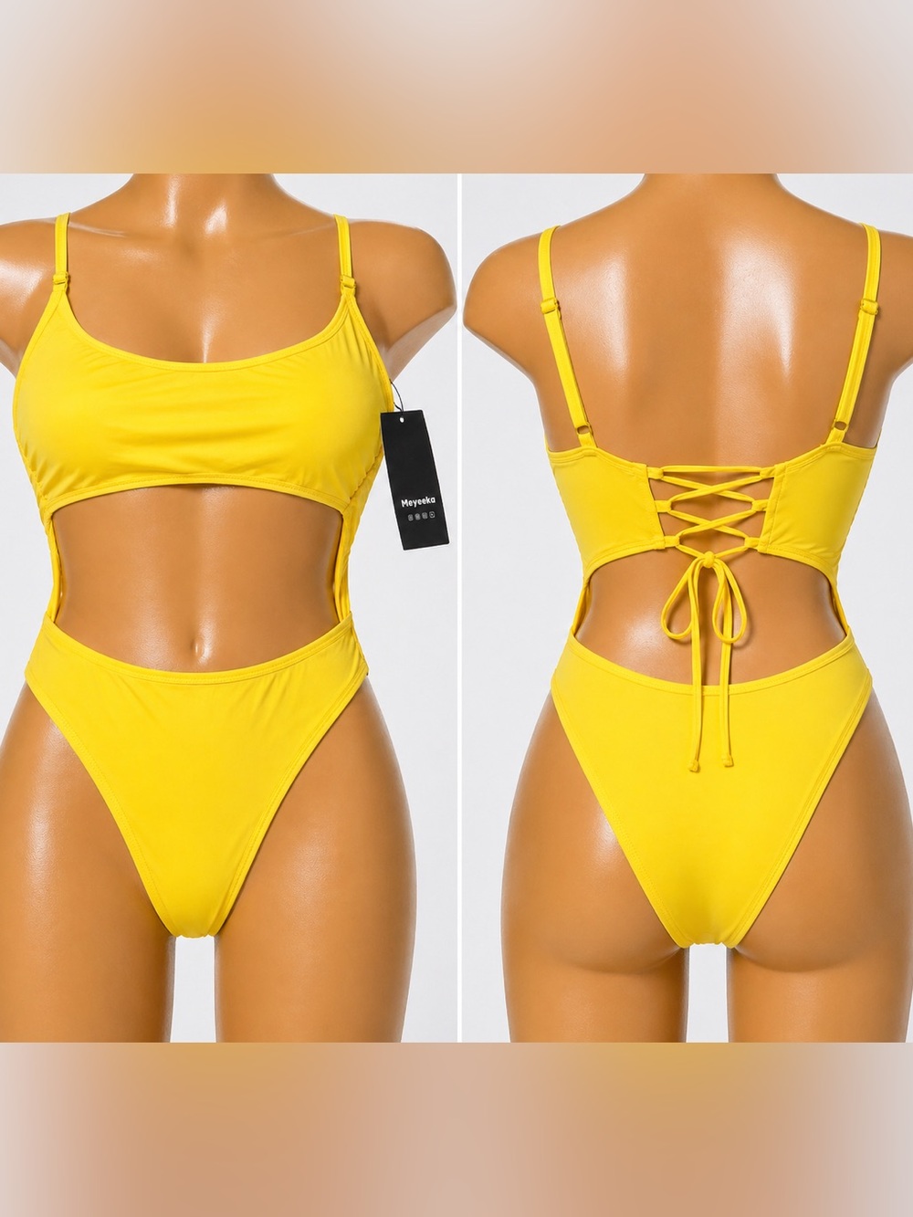 Meyeeka Yellow Cut Out Monokini Lace Up Back One Piece Swimsuit XL